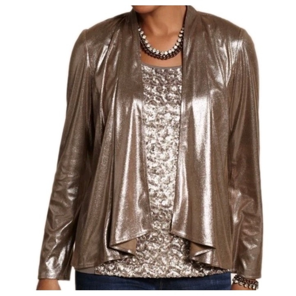 Chicos 2 Womens Jamie Jacket Sz Medium Shiny Gold Faux Leather Open Front Blazer